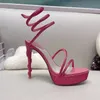 Rene Caovilla Platform Heel Sandals女性ラインストーンサンダル13cmスーパーハイシューズファッション高級デザイナードレス靴サテンヘビ型のコイルドパーティーシューズ