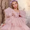 Puffy Girls Dresses 3D Flower V Neck Long Sleeve Kids Teens Pageant Gowns Birthday Party Dress For Wedding Cooktail Gown 403