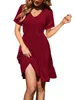 Summer Women Short Sleeve Casual Dresses V Neck Sundress Ruffle Hem Tunic Dress Chiffon High Waist Loose Button Mini Dress