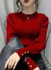 Dames truien mode o-neck elastische vrouwelijke pullover trui lantaarn mouw knoppen vrouwen jumpers breien tops winter kleren vrouwen trekken femme 230227