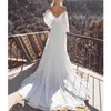 Mode a-line bröllopsklänningar älskling långa ärmar delade chiffong brudklänningar skräddarsydd rygglös sveptåg bröllopsklänning