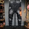 Mens Jeans European Style Plein Brand s Slim Denim Trousers Black Straight Skulls Biker Hole Pants For 230227