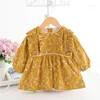 Vestidos de menina vestido de aniversário de bebê lanterna manga vintage impressão infantil batizador crianças crianças 0-2t amarelo rosa