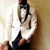 Men's Suits 2023 Ivory Jacket With Black Design Embroidery Lapel Terno Men For Wedding Slim 2Pieces Pant Tie