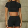 Active Sets Seamless Yoga Clothing Set Women Turtleneck Top Short Sleeve High Waist Hip Lift Shorts Gym Fitness Running Sportswear