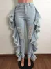 Women's Jeans Ruffles Casual Trousers Sexy Women Elegant Bodycon Ripped Denim Pencil Pants