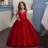 Girl's jurken nieuwe elegante kinderen lange trouwjurk puff mouwen prinsesjurk voor meisjes komen 4-14 jaar kinderkleding w0224