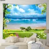 Tapisserier Natural Landscape Tapestry Forest Ocean Green Plants Flowers Peacocks Animal Garden Scenery Wall Hanging Beach Handduk Heminredning