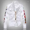 Jackets masculino Patches Design Design Slim Fit Denim Jacket White Army Green Patchwork Casat Outerwear para homem