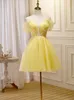 Prom Dress Short Yellow Lovely Party Dresses Soft tulle with Ivory Lace Sequins Summer Style Cockatil Gowns