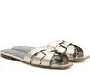 Sommar lyxdesign kvinnor naken l￤der toffel glidskor sandal hyllning platt mule sandaler patent l￤der cool kvinna platt slip p￥ utlopp 35-42box