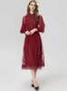 Casual Dresses Moaayina Fashion Runway Dress Spring Women Mesh Lantern Sleeve Brodery High midje Vintage Red Party