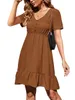 Summer Women Short Sleeve Casual Dresses V Neck Sundress Ruffle Hem Tunic Dress Chiffon High Waist Loose Button Mini Dress