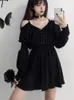 Abiti casual JMPRS Large Size Gothic Women Black Mini Dress Sexy Off spalla vita alta tunica Ladies Party Dress manica lunga scollo a V Vestidos 230227