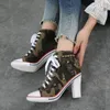 Kleid Schuh Canvas Denim High Heels Nieten Quadratischer Absatz 8CM Mode Schnürsenkel Sneakers Kurze Pumps BF-40 230225