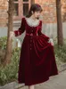 Casual Dresses Long Sleeve Vintage Red Velvet For Women 2023 Christmas Party Dress Elegant Lace O-Neck Sweet High Quality