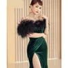 Mermaid Grape Elegant Veet Evening With Black Feathers Sexy Side High Split Long Prom Dresses For Women 2023 Robes De Soriee Special Ocn Gowns