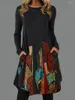 Casual Dresses Winter Patchwork Loose Women Vintage Ethnic Print Dress Oversized Lady Long Sleeve O-neck Pocket Vestidos