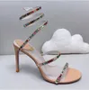 Rene Caovilla Crystal Sandals 슬림 하이힐 스웨이드 패션 디너 슈즈 고급 디자이너 여성 신발 가죽 발목 레이스 패션 고품질 공장 신발