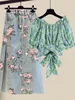 Tweedelige damesjurk zomer zoete roze print rokken tweedelige set Koreaanse bladerdeegmouwen bandage bloemen top en zijsplit retro denim rokken sets 230225