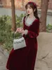 Casual Dresses Long Sleeve Vintage Red Velvet For Women 2023 Christmas Party Dress Elegant Lace O-Neck Sweet High Quality