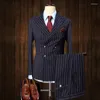 Mäns kostymer herr 2 stycken Vintage Double Breasted Suit Navy Blue Stripe Terno Slim Fit Large Lapels Wedding Groom Tuxedo Tailcoat