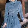 Casual Dresses CON Winter Long-sleeved Dress Korean Women's Retro Gentle Wind Slim Corduroy Long