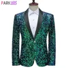 Mäns kostymer blazrar glänsande gröna paljetter bling glitter blazer män sjal krage en knapp smoking kostymer blazer mens bröllop fest scen kostymer 230227