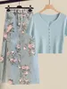 Abito a due pezzi Donna Estate Dolce rosa Stampa Gonne Due pezzi Set Coreano Manica a sbuffo Fasciatura Floreale Top e spacco laterale Retro Set di gonne di jeans 230225