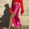 Skirts Rose Red Satin Drawstring Split Long Skirt Street Wear Women Outfit 2023 Ladies Party Night Club Elegant