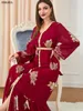 Etniska klädklänningar för kvinnor Autumn Muslim Fashion Dubai Abaya Tryckt knappband trim bältet Kaftan Split Hem Party Dress 230227