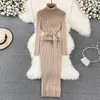 Casual Dresses Chic Elegant Turtleneck Long Sleeve Bodycon Dress with Belt Sexy Fashion Knit Vestido Slim Autumn Winter Pencil Sweater Robe 230227