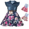 Flickans klänningar Girls denim Floral Dress Summer Party Dress with Belt Children Flying Short Sleeve Casual Clothing Baby Girl Kids Fashion Outfit 230227