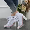 Kleid Schuh Canvas Denim High Heels Nieten Quadratischer Absatz 8CM Mode Schnürsenkel Sneakers Kurze Pumps BF-40 230225