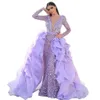 Neck Deep V Abendkleider Meerjungfrau Kleider Pailletten Sparkle Langarm Ballkleid mit Abnehmbarer Schleppe Damen Vestido De Novia 2023 estido