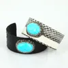 Bangle Luxury Design Black Grey Leather Oval Natural Sky Blue Stone Pave Rhinestone Charm Adjustable Open Cuff Bangles For Women