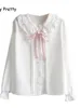 Blusas femininas camisas alegres lolita estilo lolita mulheres brancas manga longa Peter Pan Collar Pink Bowknot Chiffon Blusa JK Uniform Top 230227