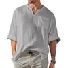 T-shirt da uomo Camicia da uomo primavera estate Top in cotone e lino Casual con scollo a V Manica lunga Camicetta da taschino alla moda Bottone da festa