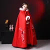 Ethnic Clothing Girl's Hanfu Red Cape Winter Embroidery Long Cloak Chinese Children Ancient Mantle Kids Year's Wear Keep Warm Christmas