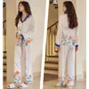 Womens Sleepwear QSROCIO High Quality Pajamas Set Floral Print Faux Silk Nightie Luxury Homewear Leisure Loungewear Female 230227