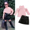 Kledingsets 1-5-jarige meisjes outfits peuter lange mouw roze coltrui trui trui tops pu mini rok lente herfstpakken