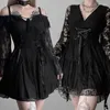 Casual Dresses Gothic Grunge Black Lace Dress Women Vintage Mall Goth Off Shoulder Bandage High midje korsett A-Line E-Girl Streetwear