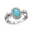 Bröllopsringar Vintage Bohemian Ethnic Big Blue Stone Finger Ring for Women Silver Färgfjädermönster grön gåva