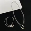 Lady Double Chain Fashion Necklaces Heart Love Solitaire Pendant Necklaces Inner Hollow Matach Bracelet for Women