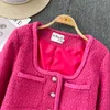 Women's Square Collar Rose Color Tweed Jacket Slim midja Woolen Short Coat SML