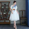 Ethnic Clothing Improved Cheongsam Dress Skirt Vestido Summer White Was Thin Fairy Temperament Elegant Dance Costume Qipao