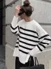 Pulls pour femmes Femmes Stripe Knit Pull Pull à manches longues tricoté Tops O Cou Femme Jumper Automne Hiver Streetwear Blanc Baggy Sweaters 230227