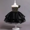 Flickans klänningar formella nät pluffiga barnsugor elegant fest blommor tjej prinsessan prom klänning sommar svarta färgdukar 2 till 8 år