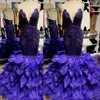 Stunning Purple Feather Prom Dresses 2023 Sequin Mermaid Graduation Gown Tiere Bottom Black Girls Party Dress For Special Ocns 326 326