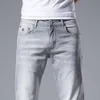 Herr jeans vår sommar tunt smal fit europeisk amerikansk avancerade märke små raka dubbla f byxor q9541-4